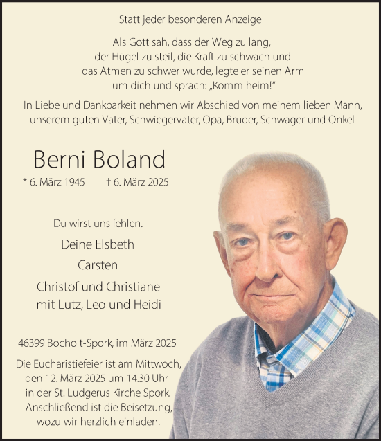 Traueranzeige von Berni Boland 