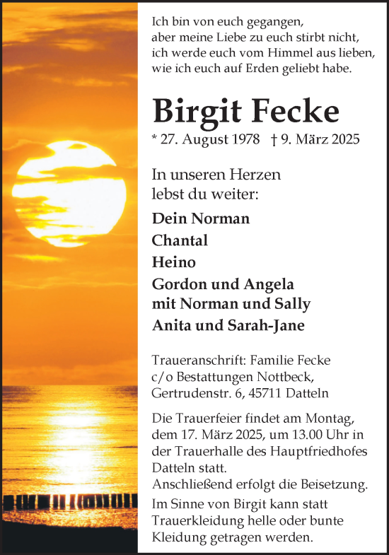 Traueranzeige von Birgit Fecke von Trauer Vest