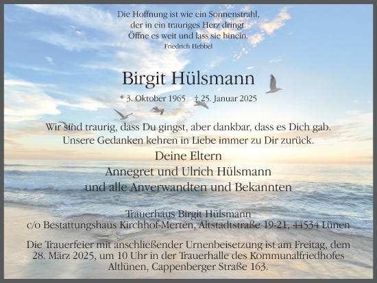 Traueranzeige von Birgit Hülsmann von Lüner Anzeiger