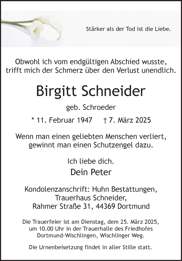  Traueranzeige für Birgitt Schneider vom 22.03.2025 aus Ruhr Nachrichten