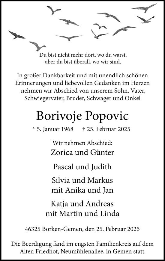 Traueranzeige von Borivoje Popovic 
