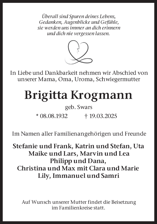 Traueranzeige von Brigitta Krogmann von Ruhr Nachrichten