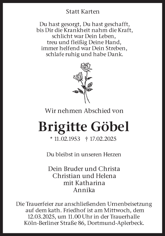 Traueranzeige von Brigitte Göbel von Ruhr Nachrichten