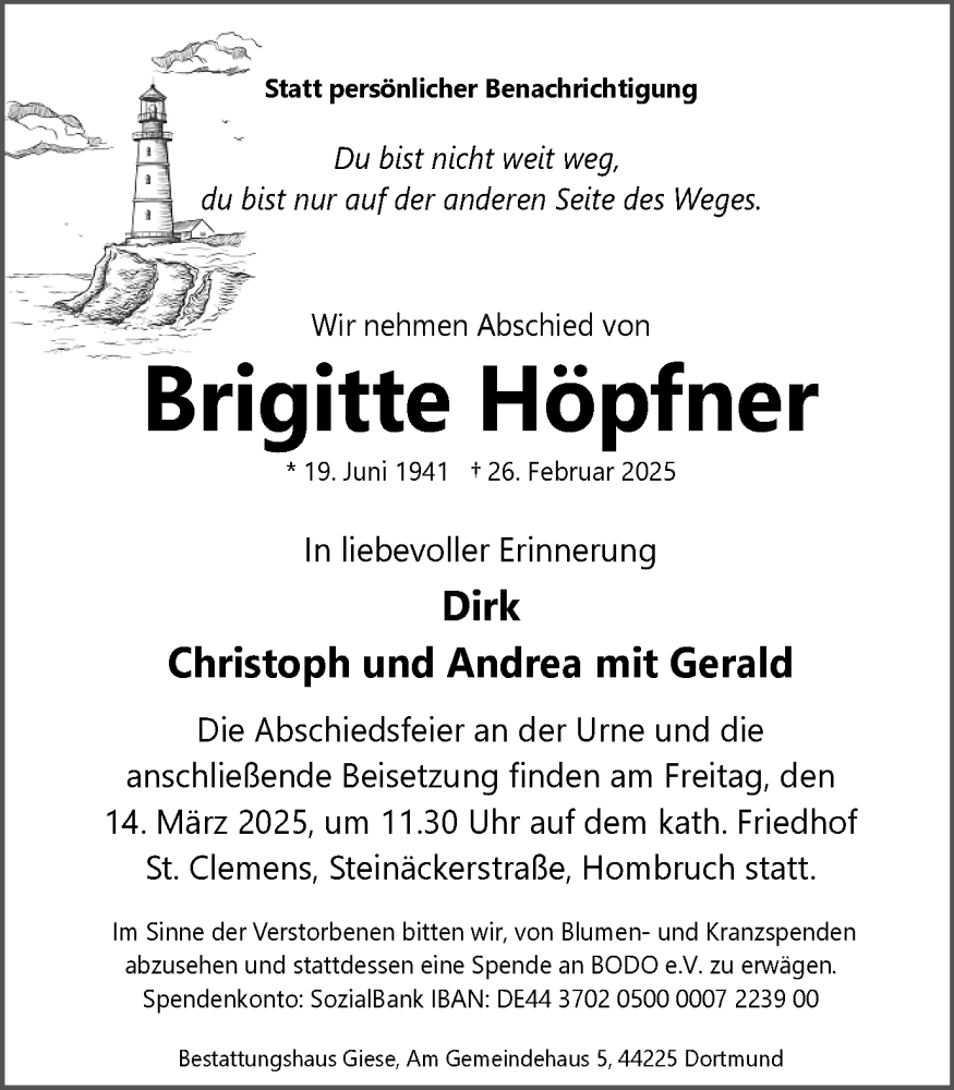  Traueranzeige für Brigitte Höpfner vom 08.03.2025 aus Ruhr Nachrichten