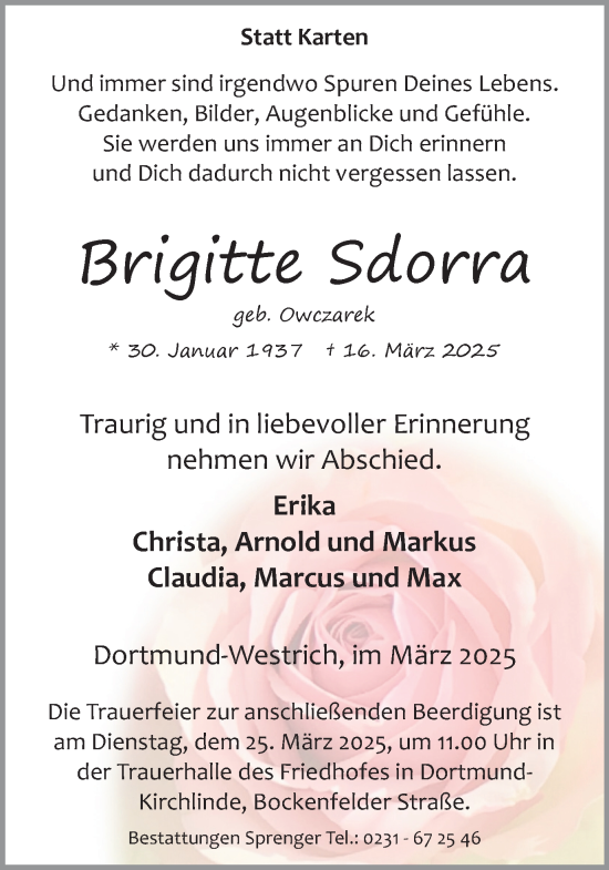Traueranzeige von Brigitte Sdorra von Ruhr Nachrichten