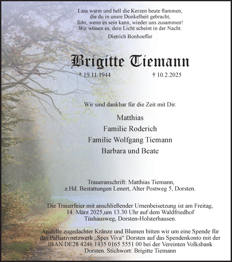  Traueranzeige für Brigitte Tiemann vom 01.03.2025 aus Ruhr Nachrichten und Dorstener Zeitung