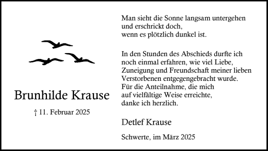 Traueranzeige von Brunhilde Krause von Ruhr Nachrichten