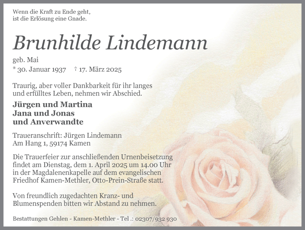  Traueranzeige für Brunhilde Lindemann vom 22.03.2025 aus Hellweger Anzeiger