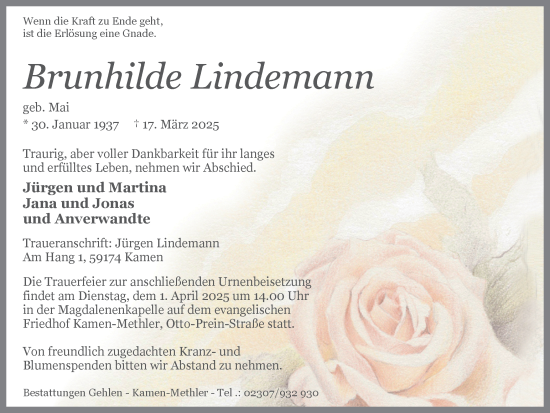 Traueranzeige von Brunhilde Lindemann von Hellweger Anzeiger
