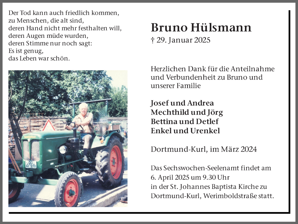  Traueranzeige für Bruno Hülsmann vom 29.03.2025 aus Ruhr Nachrichten
