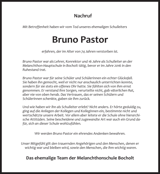 Traueranzeige von Bruno Pastor 
