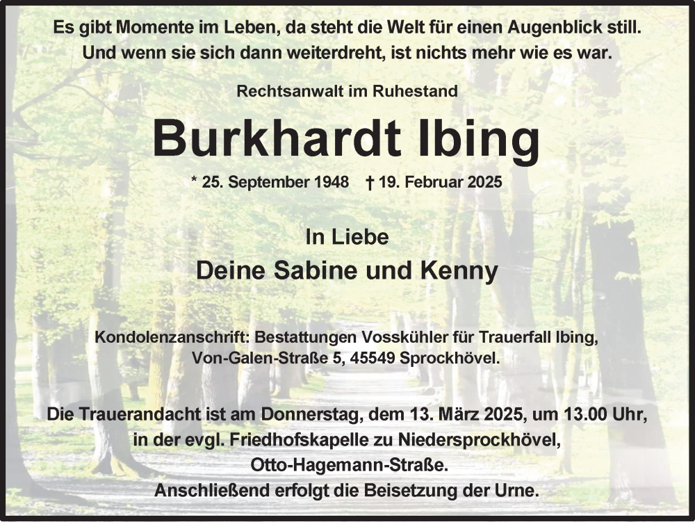  Traueranzeige für Burkhardt Ibing vom 08.03.2025 aus Ruhr Nachrichten