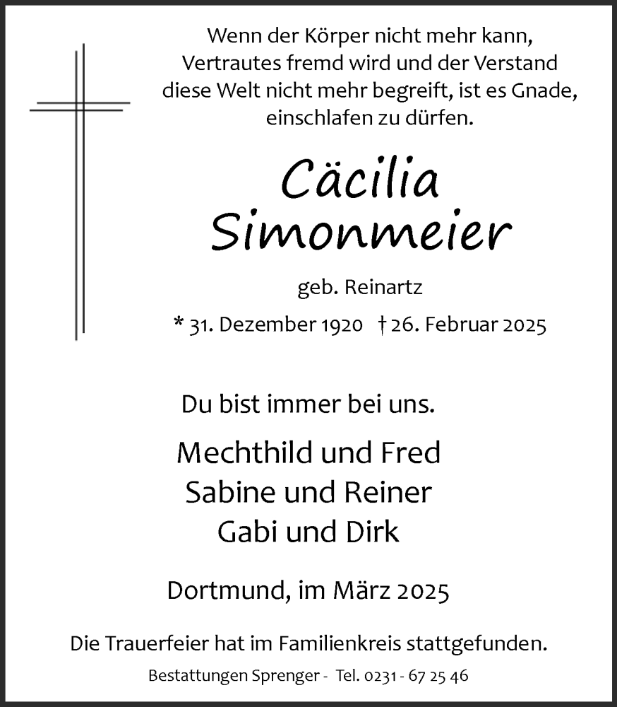  Traueranzeige für Cäcilia Simonmeier vom 15.03.2025 aus Ruhr Nachrichten