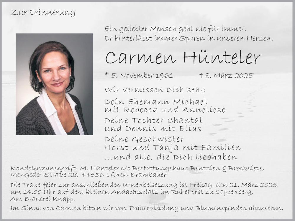  Traueranzeige für Carmen Hünteler vom 15.03.2025 aus Lüner Anzeiger
