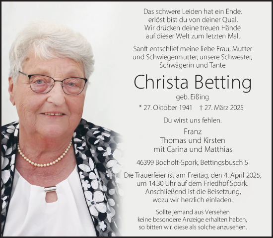 Traueranzeige von Christa Betting 