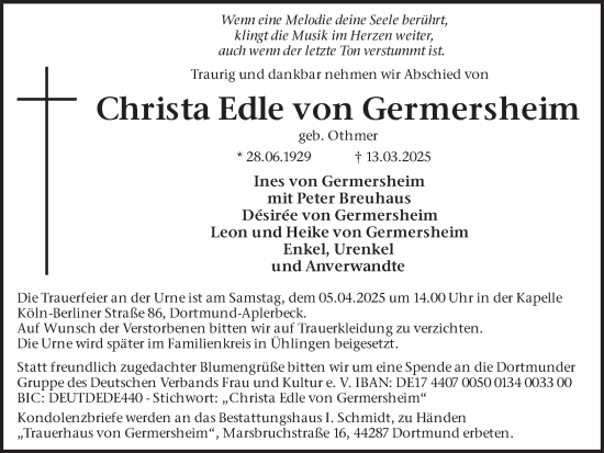 Traueranzeige von Christa Edle von Germersheim von Ruhr Nachrichten