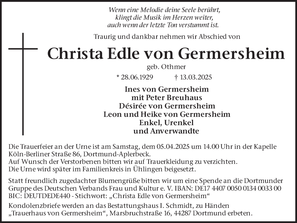  Traueranzeige für Christa Edle von Germersheim vom 22.03.2025 aus Ruhr Nachrichten