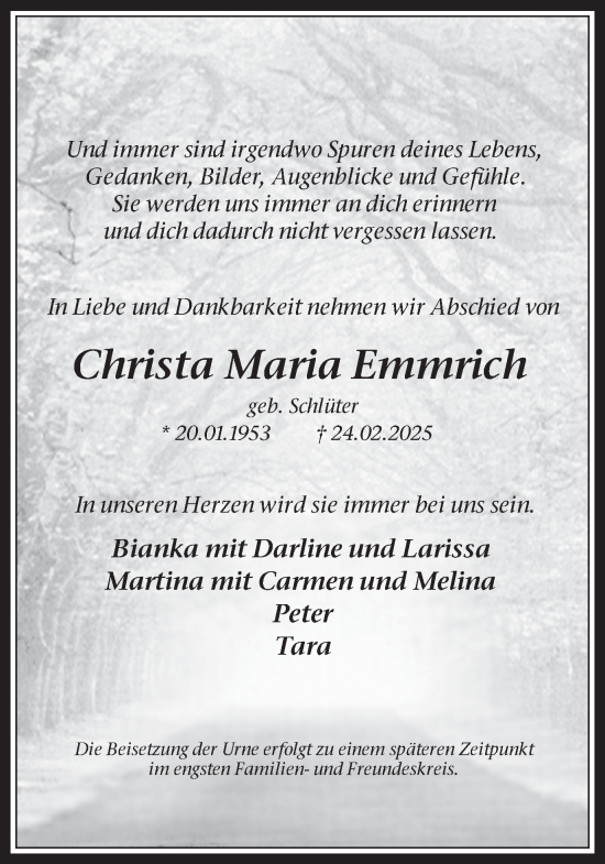 Traueranzeige von Christa Maria Emmrich von Trauer Vest
