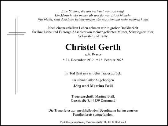 Traueranzeige von Christel Gerth von Ruhr Nachrichten