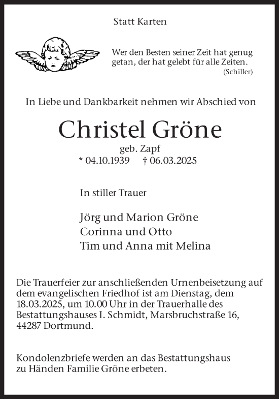 Traueranzeige von Christel Gröne von Ruhr Nachrichten