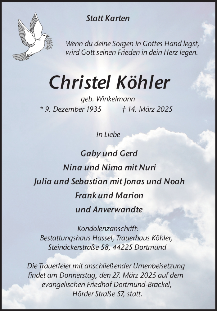  Traueranzeige für Christel Köhler vom 22.03.2025 aus Ruhr Nachrichten