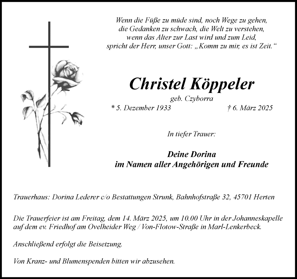  Traueranzeige für Christel Köppeler vom 12.03.2025 aus Trauer Vest