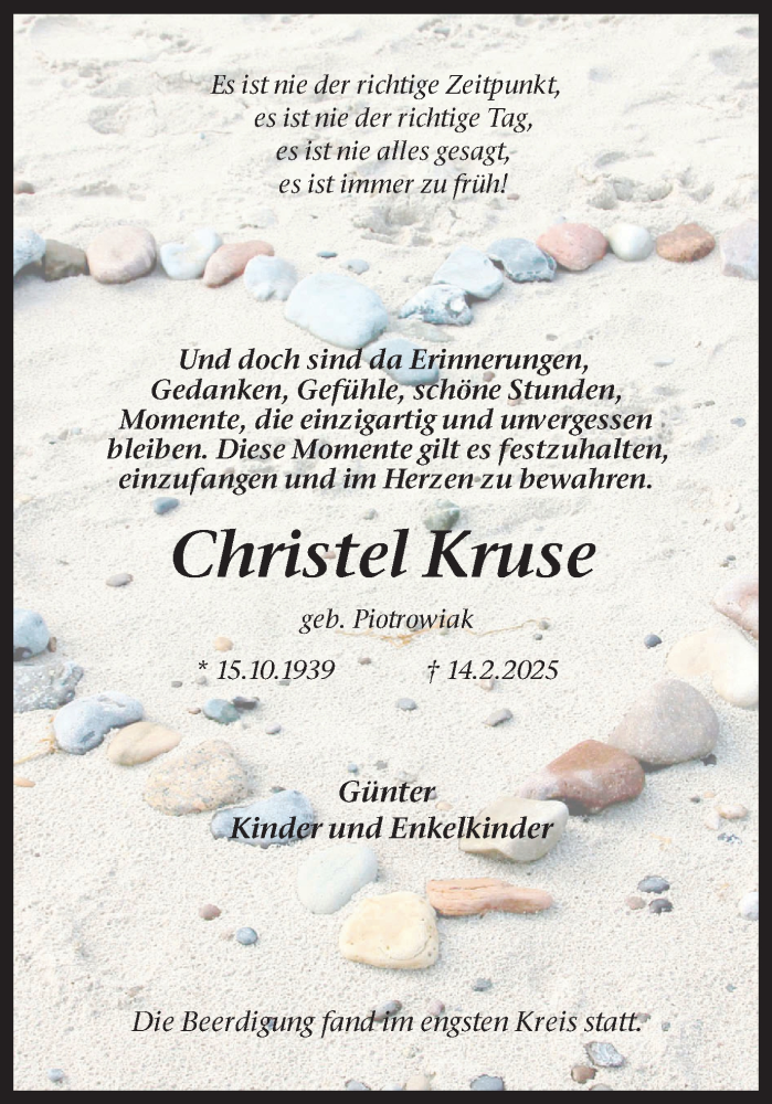  Traueranzeige für Christel Kruse vom 08.03.2025 aus Trauer Vest