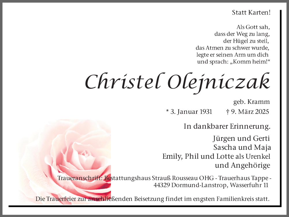  Traueranzeige für Christel Olejniczak vom 15.03.2025 aus Ruhr Nachrichten