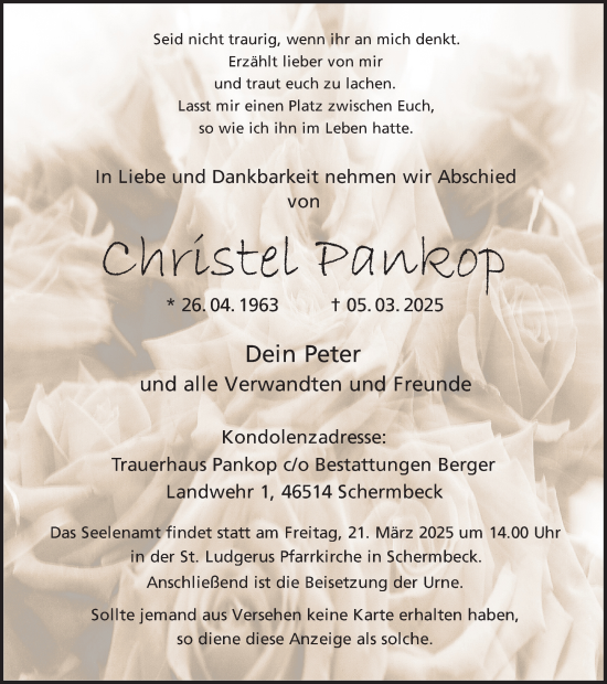 Traueranzeige von Christel Pankop von Ruhr Nachrichten und Dorstener Zeitung