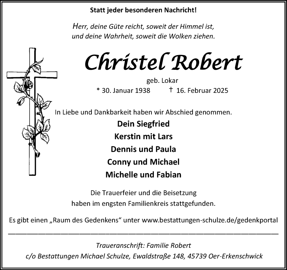  Traueranzeige für Christel Robert vom 01.03.2025 aus Trauer Vest