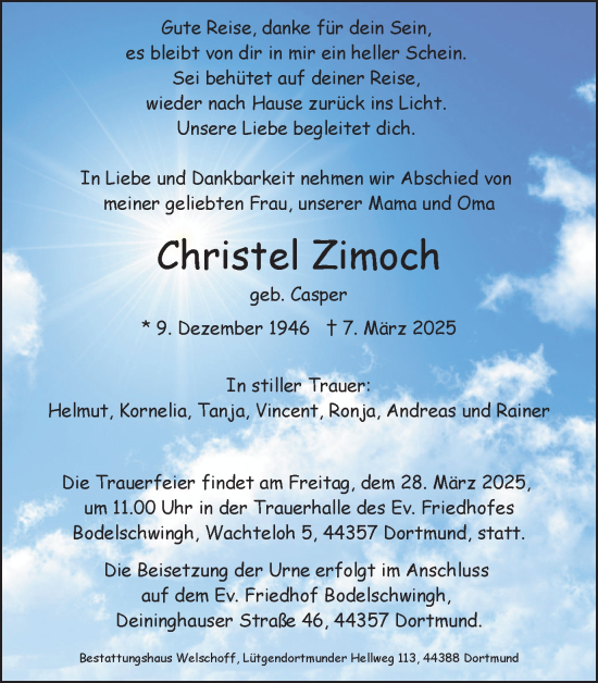 Traueranzeige von Christel Zimoch von Ruhr Nachrichten