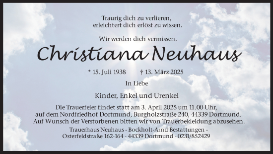 Traueranzeige von Christiana Neuhaus von Ruhr Nachrichten