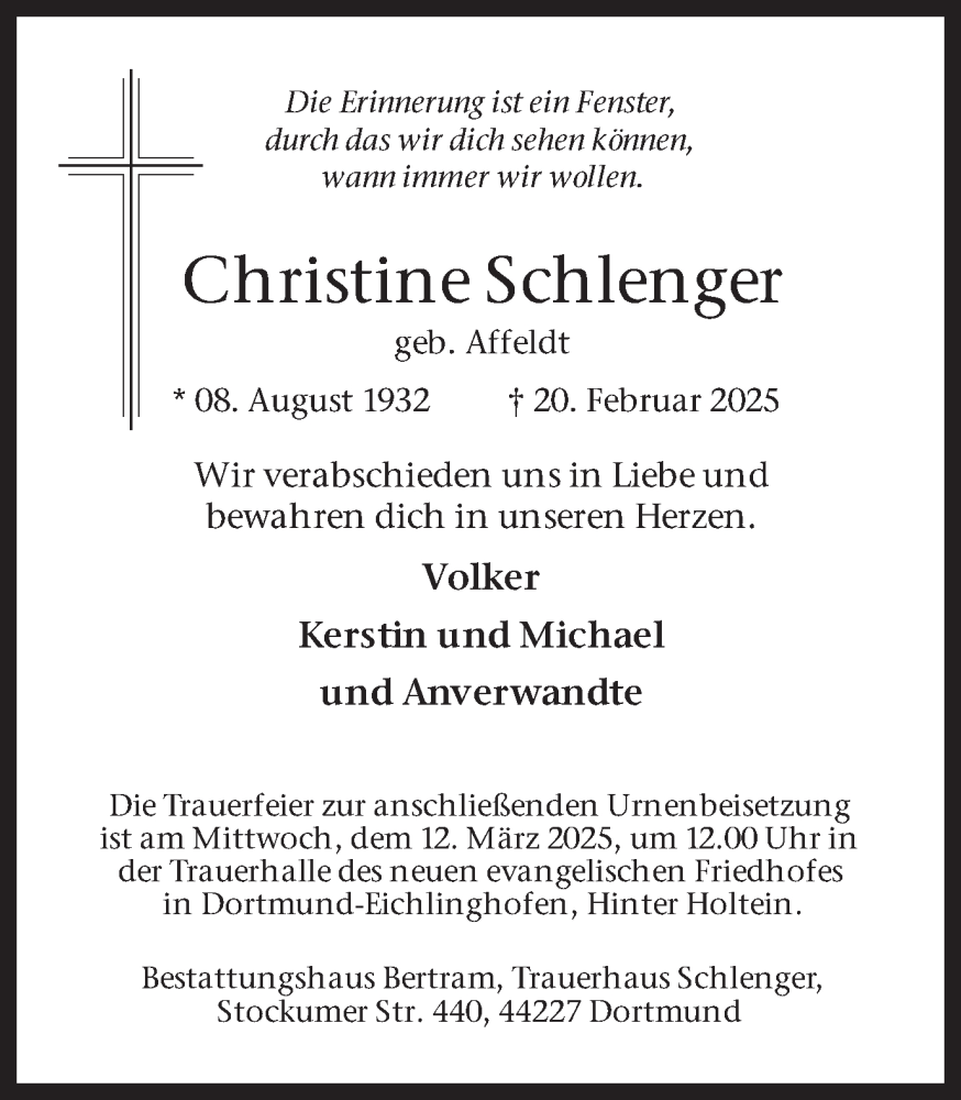  Traueranzeige für Christine Schlenger vom 01.03.2025 aus Ruhr Nachrichten