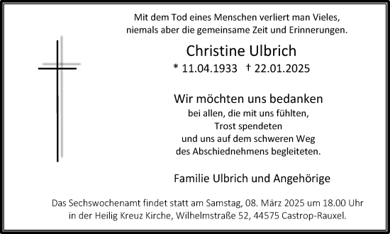 Traueranzeige von Christine Ulbrich von Stadtanzeiger Castrop-Rauxel