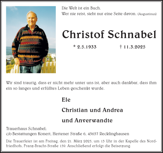 Traueranzeige von Christof Schnabel von Trauer Vest