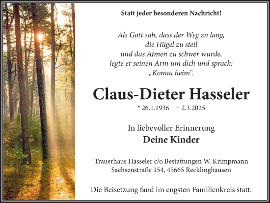 Traueranzeige von Claus-Dieter Hasseler von Trauer Vest