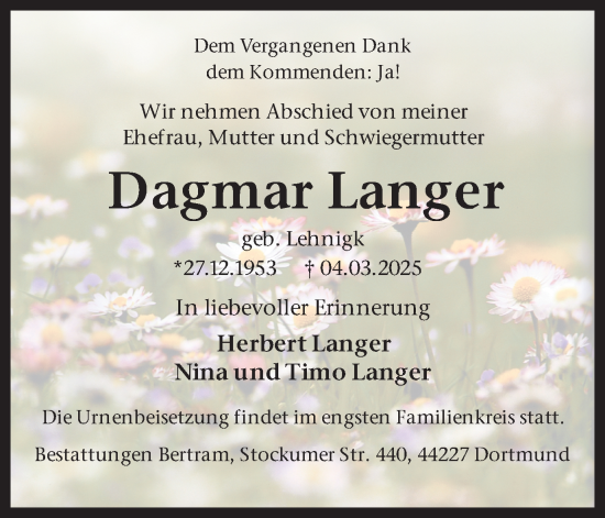 Traueranzeige von Dagmar Langer von Ruhr Nachrichten