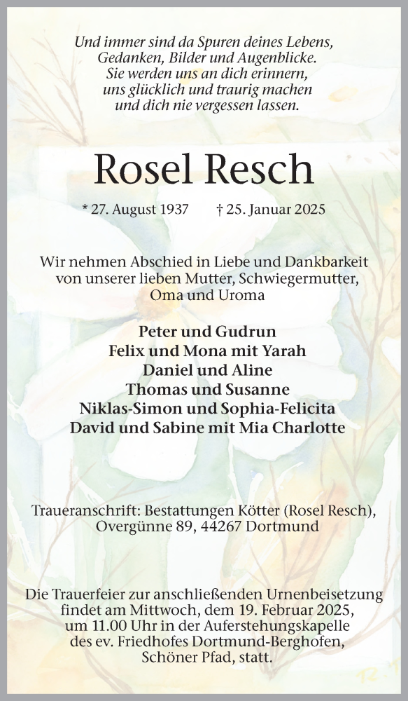  Traueranzeige für Rosel Resch vom 15.02.2025 aus Ruhr Nachrichten