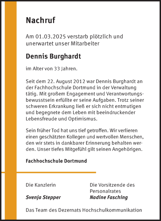 Traueranzeige von Dennis Burghardt von Ruhr Nachrichten, Hellweger Anzeiger
