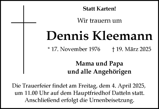 Traueranzeige von Dennis Kleemann von Trauer Vest