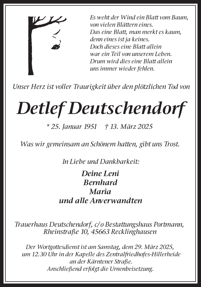  Traueranzeige für Detlef Deutschendorf vom 22.03.2025 aus Trauer Vest