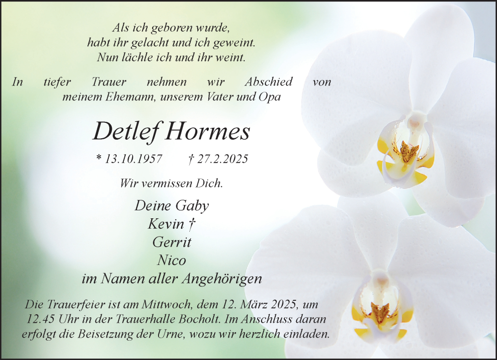  Traueranzeige für Detlef Hormes vom 08.03.2025 aus 