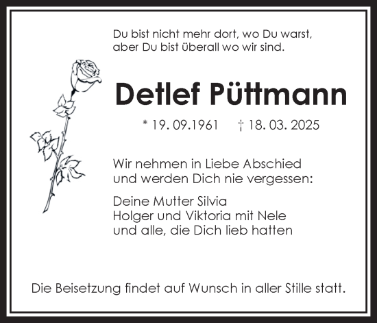 Traueranzeige von Detlef Püttmann von Ruhr Nachrichten