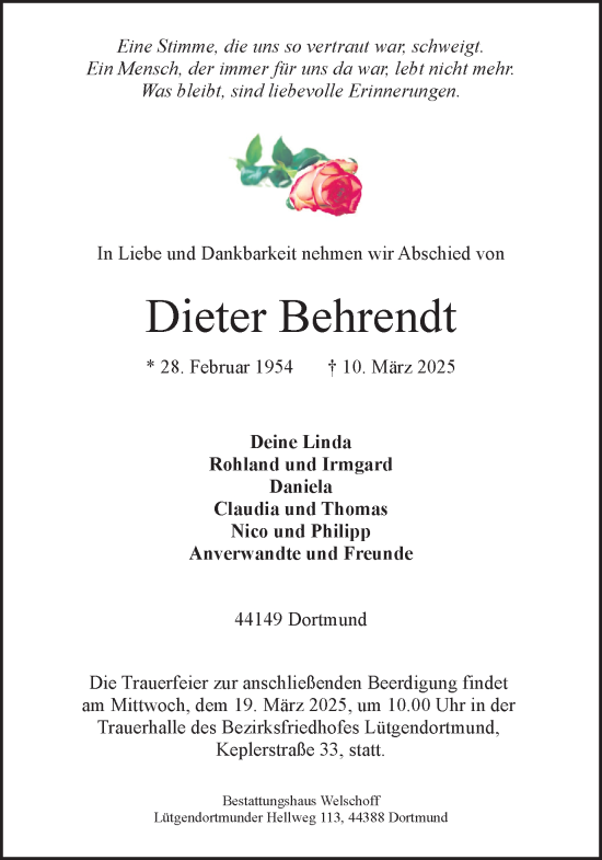 Traueranzeige von Dieter Behrendt von Ruhr Nachrichten