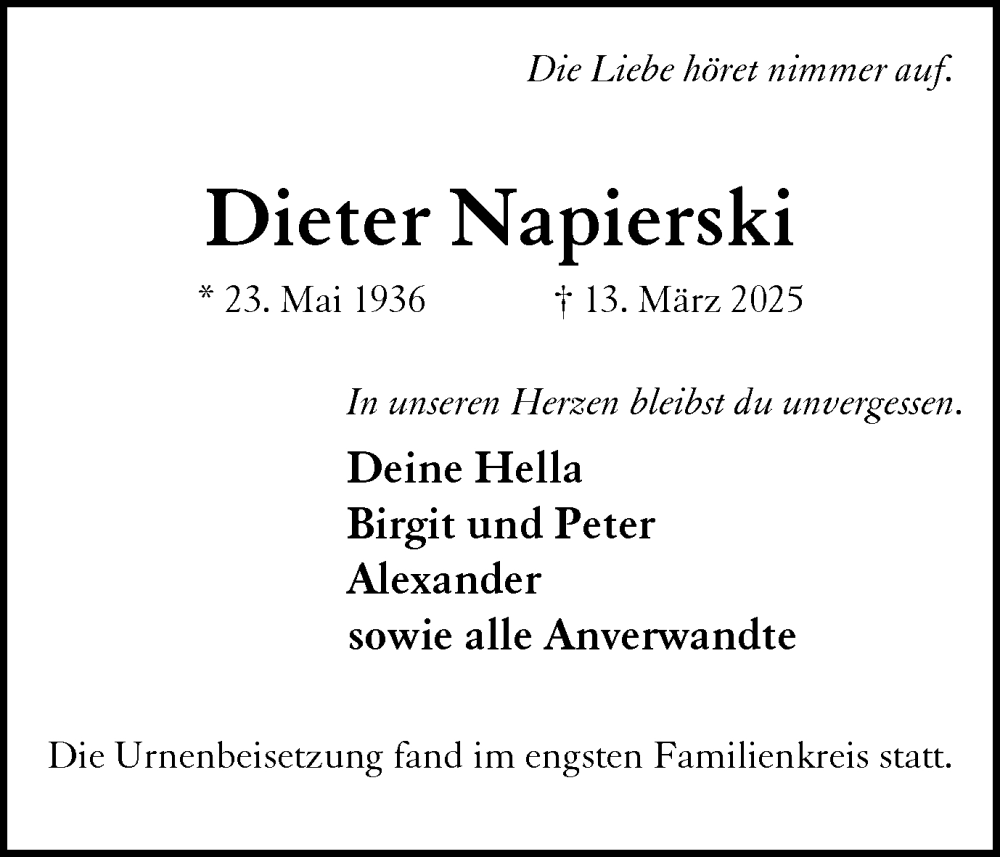  Traueranzeige für Dieter Napierski vom 29.03.2025 aus Trauer Vest