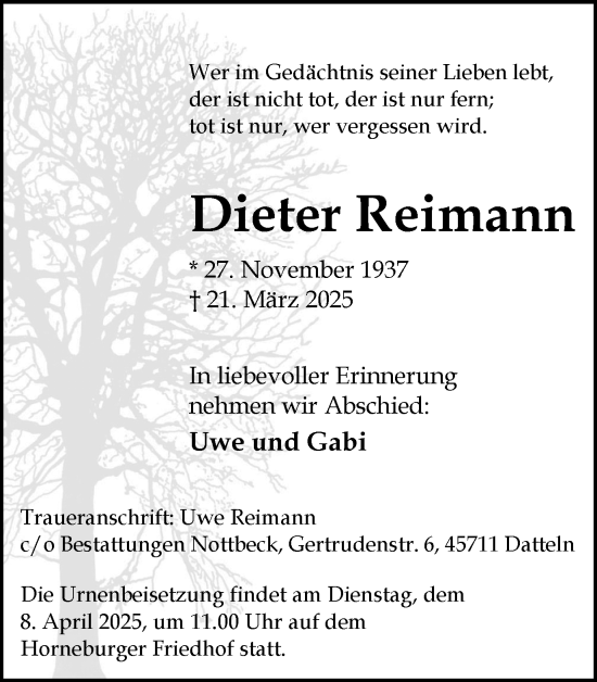 Traueranzeige von Dieter Reimann von Trauer Vest