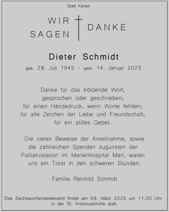 Traueranzeige von Dieter Schmidt von Ruhr Nachrichten und Dorstener Zeitung
