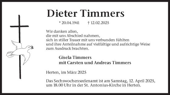 Traueranzeige von Dieter Timmers von Trauer Vest