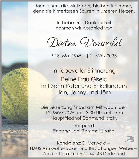 Traueranzeige von Dieter Vorwald von Ruhr Nachrichten