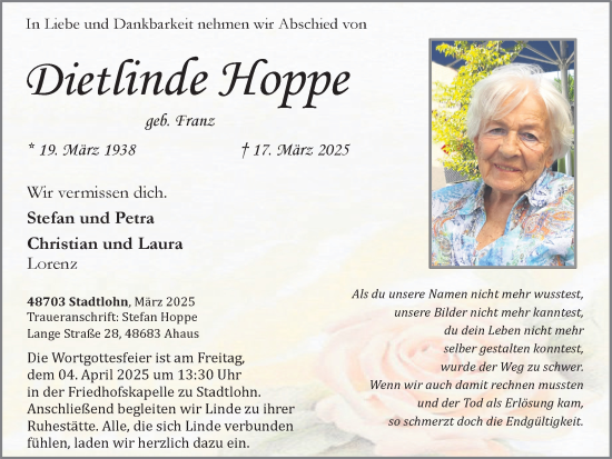 Traueranzeige von Dietlinde Hoppe von Trauer Vest